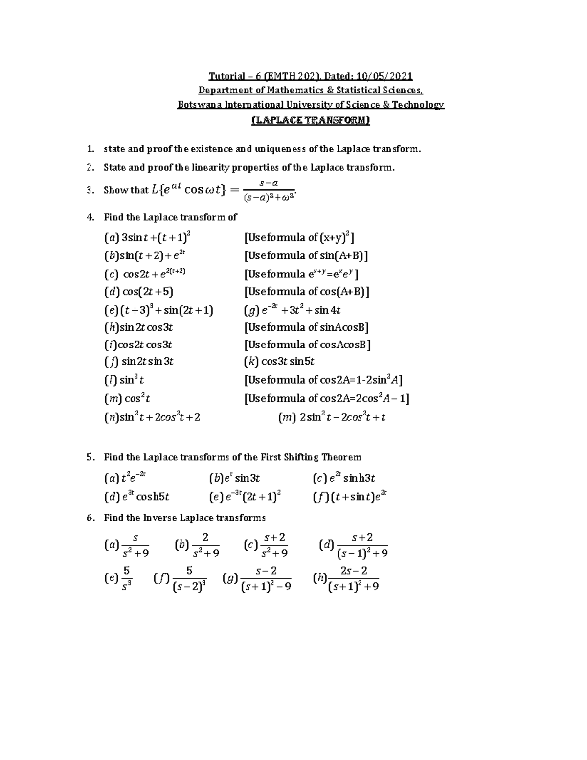 EMTH202-Tutorial 7-Week10MAY2021 - Tutorial – 6 (EMTH 202), Dated: 10 ...