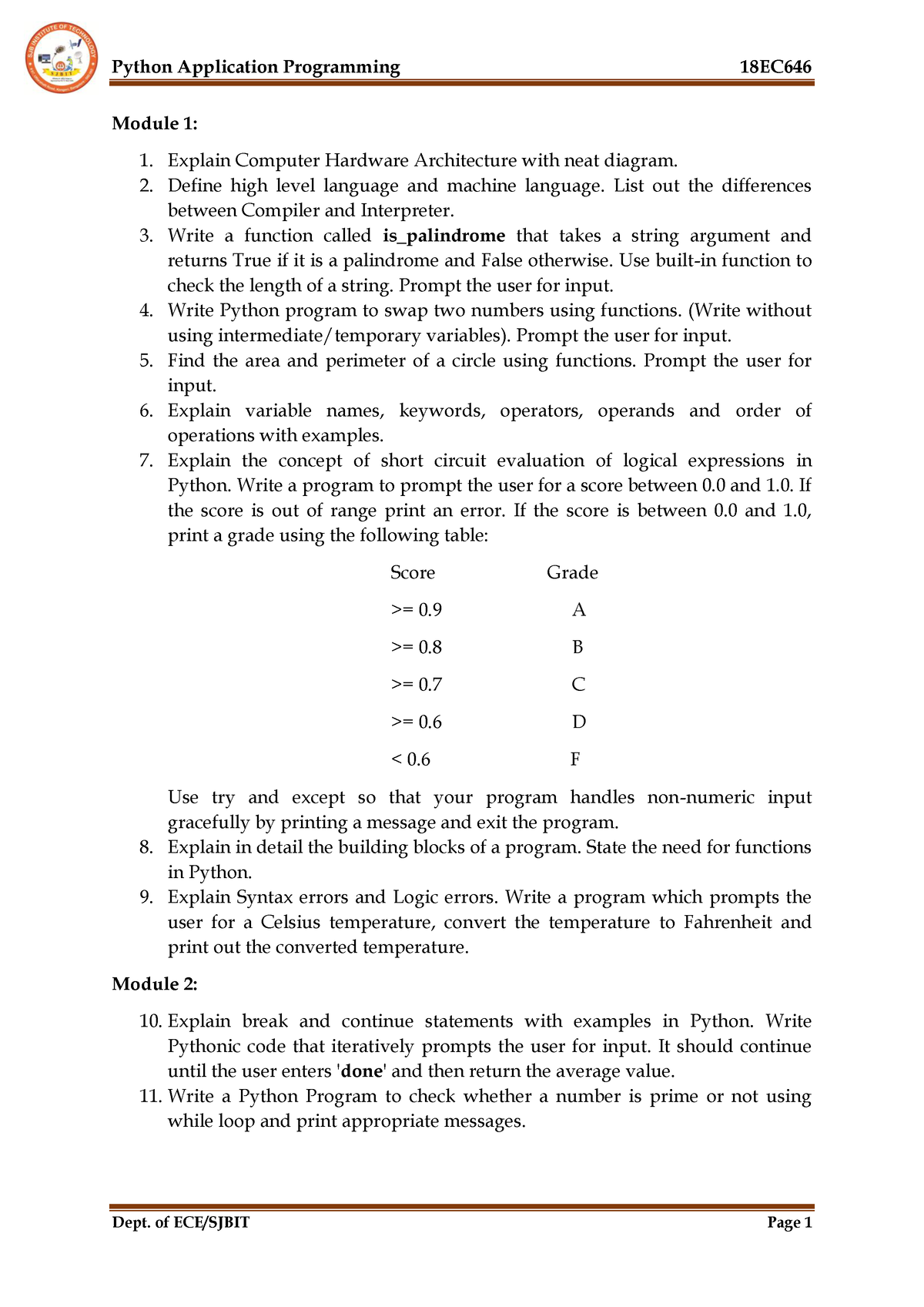 Python 18EC646 Question Bank Module Wise   Module 1: Explain Computer