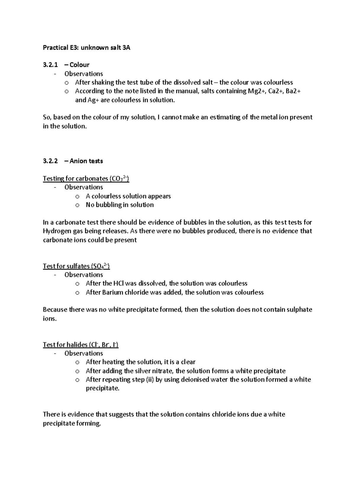 Practical E3 - 2 – Colour - Observations o After shaking the test tube ...