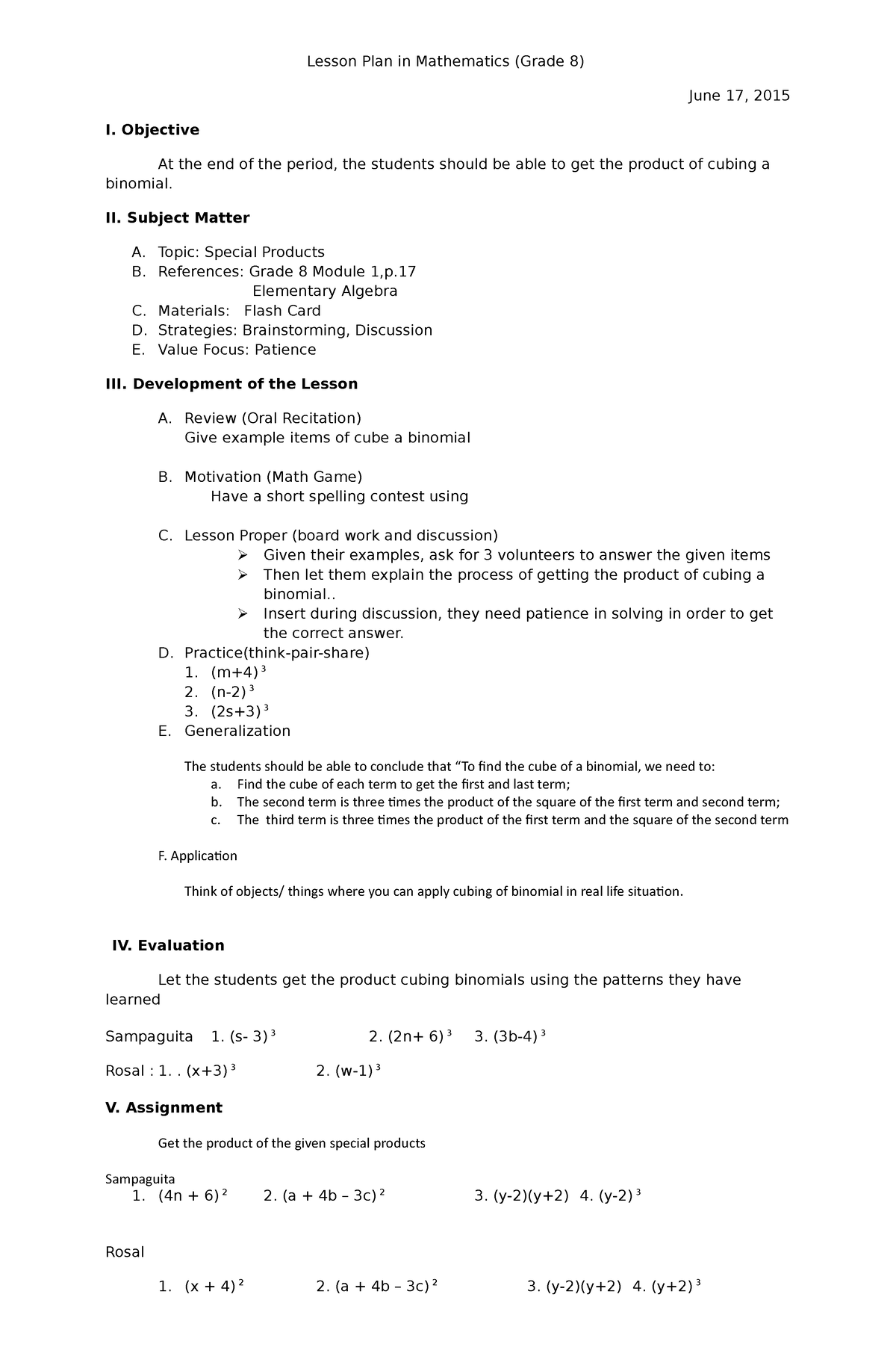 Lesson plan in mathematics grade 8 - Lesson Plan in Mathematics (Grade ...