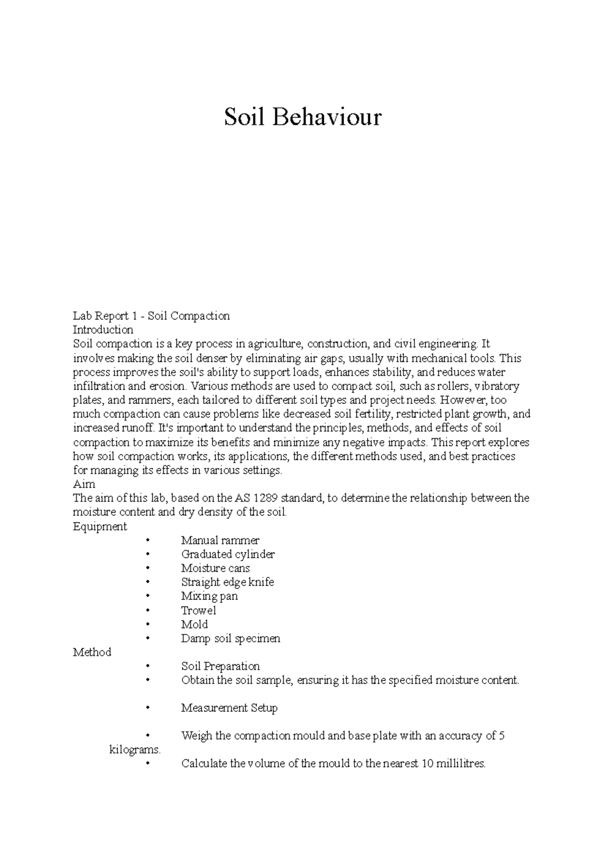 Lab Report 1-4 - Soil Behaviour Lab Report 1 - Soil Compaction ...