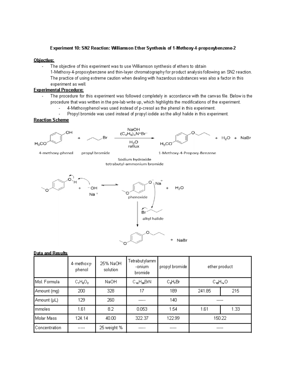 SN2 Williamson Lab Experiment 10 SN2 Reaction Williamson Ether