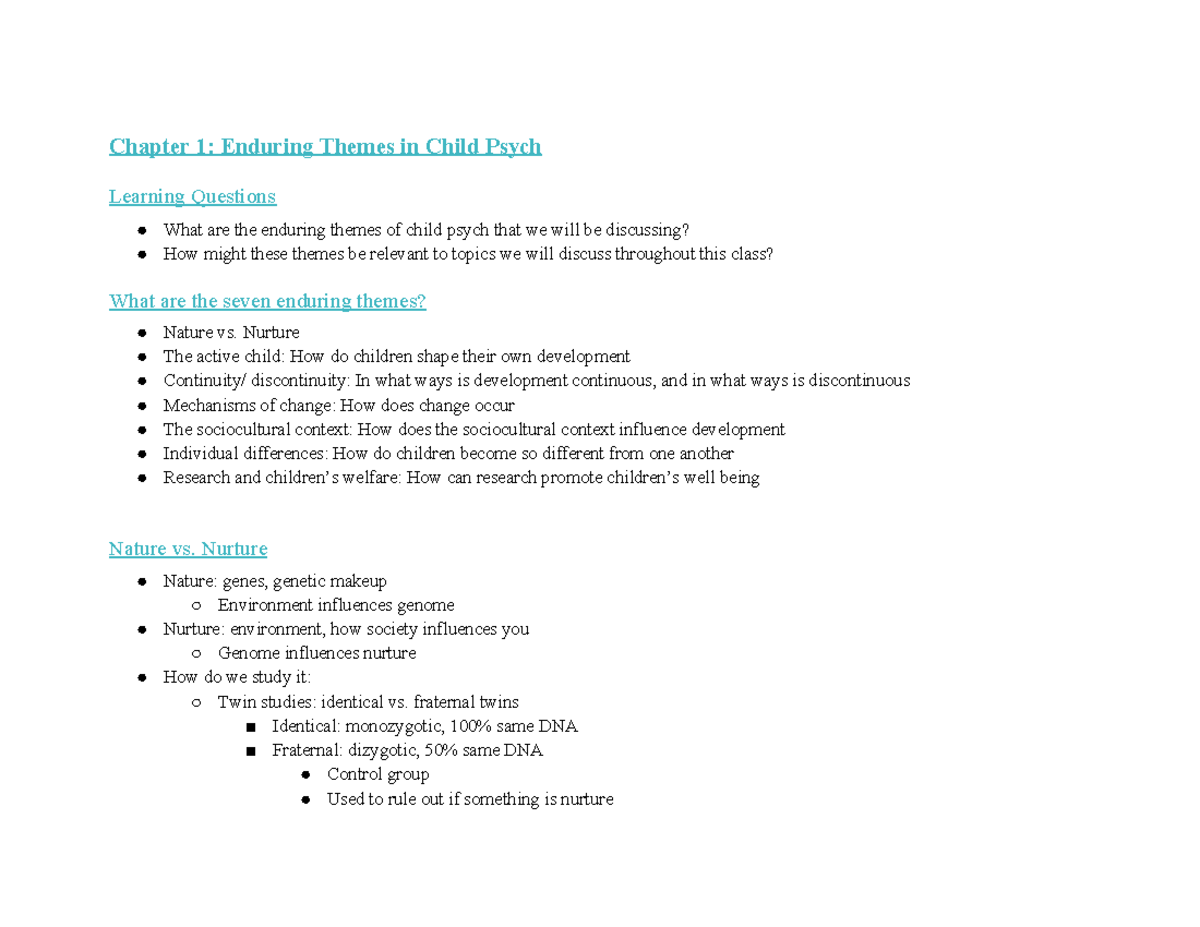 DEP3103 EXAM 1 notes - Chapter 1: Enduring Themes in Child Psych ...