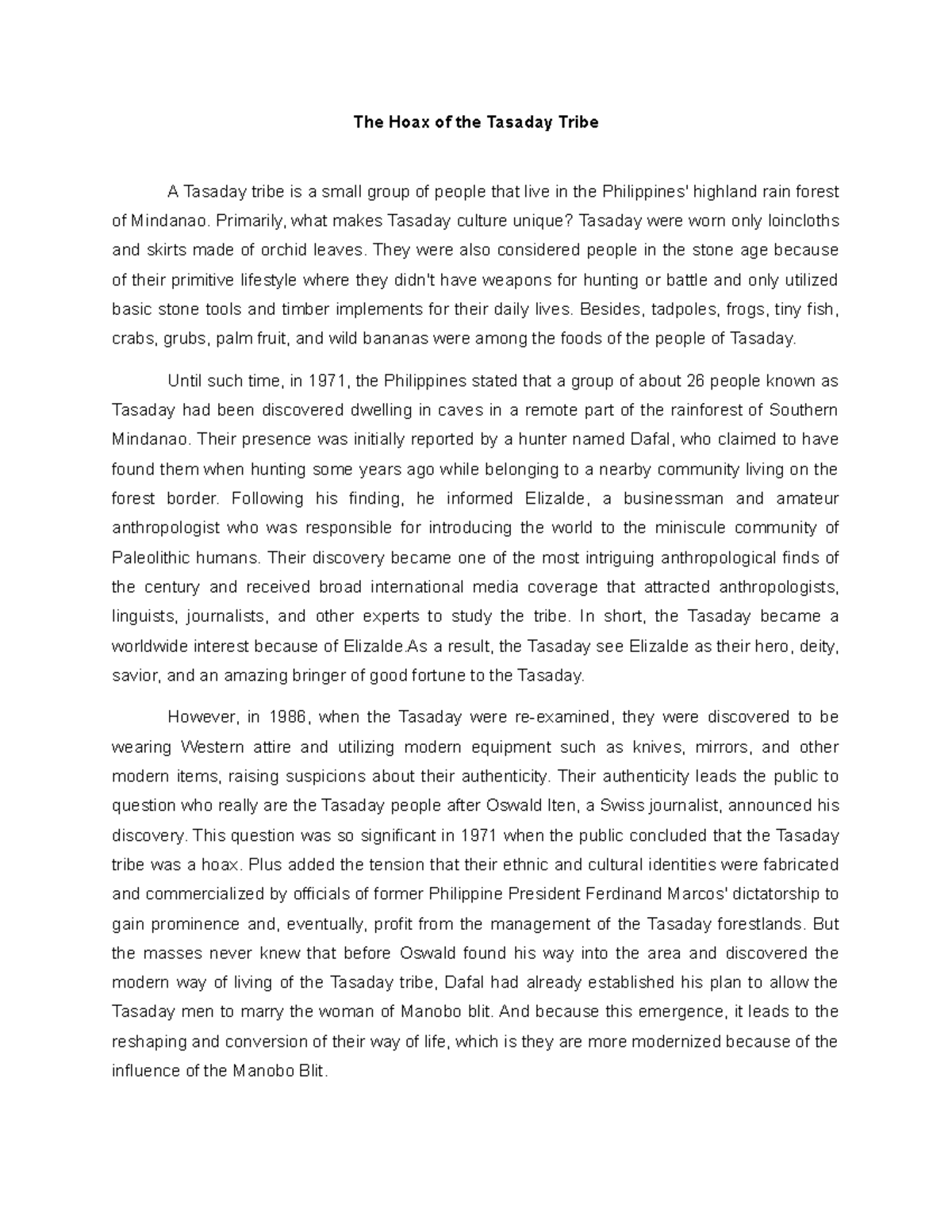 Tasaday Critique Paper - The Hoax of the Tasaday Tribe A Tasaday tribe ...