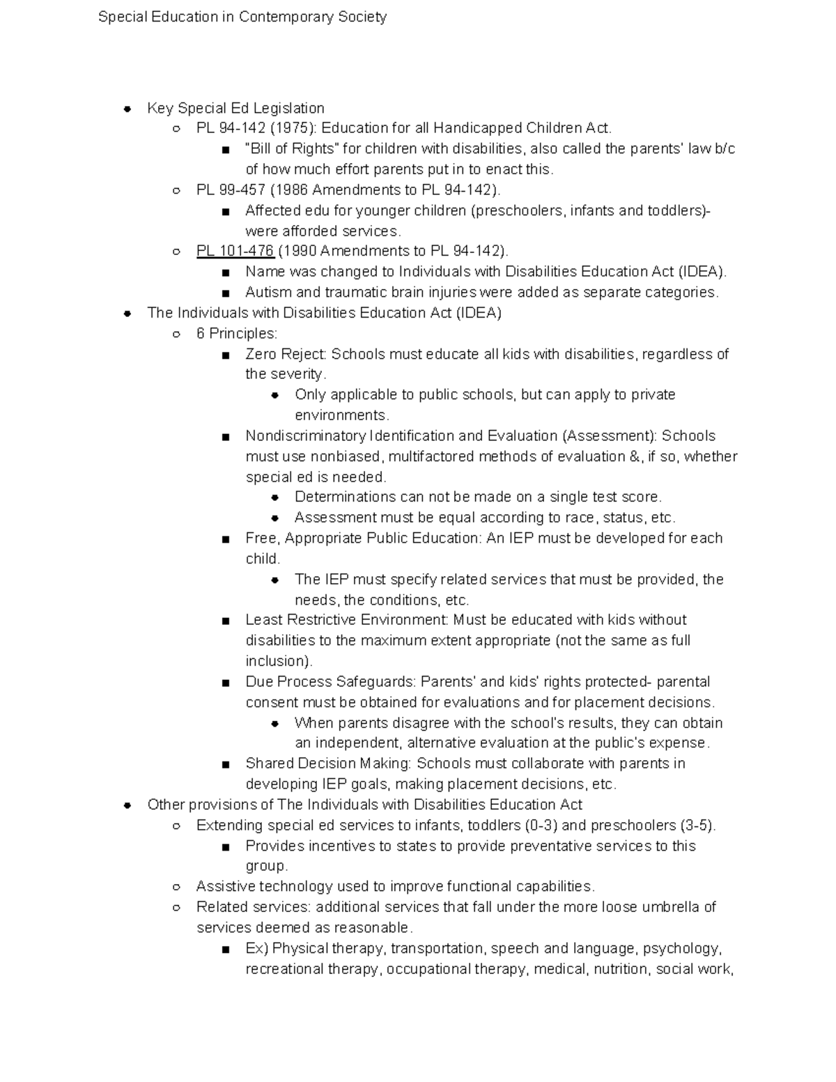 Chapter 2 Lecture Notes - Key Special Ed Legislation PL 94-142 (1975 ...