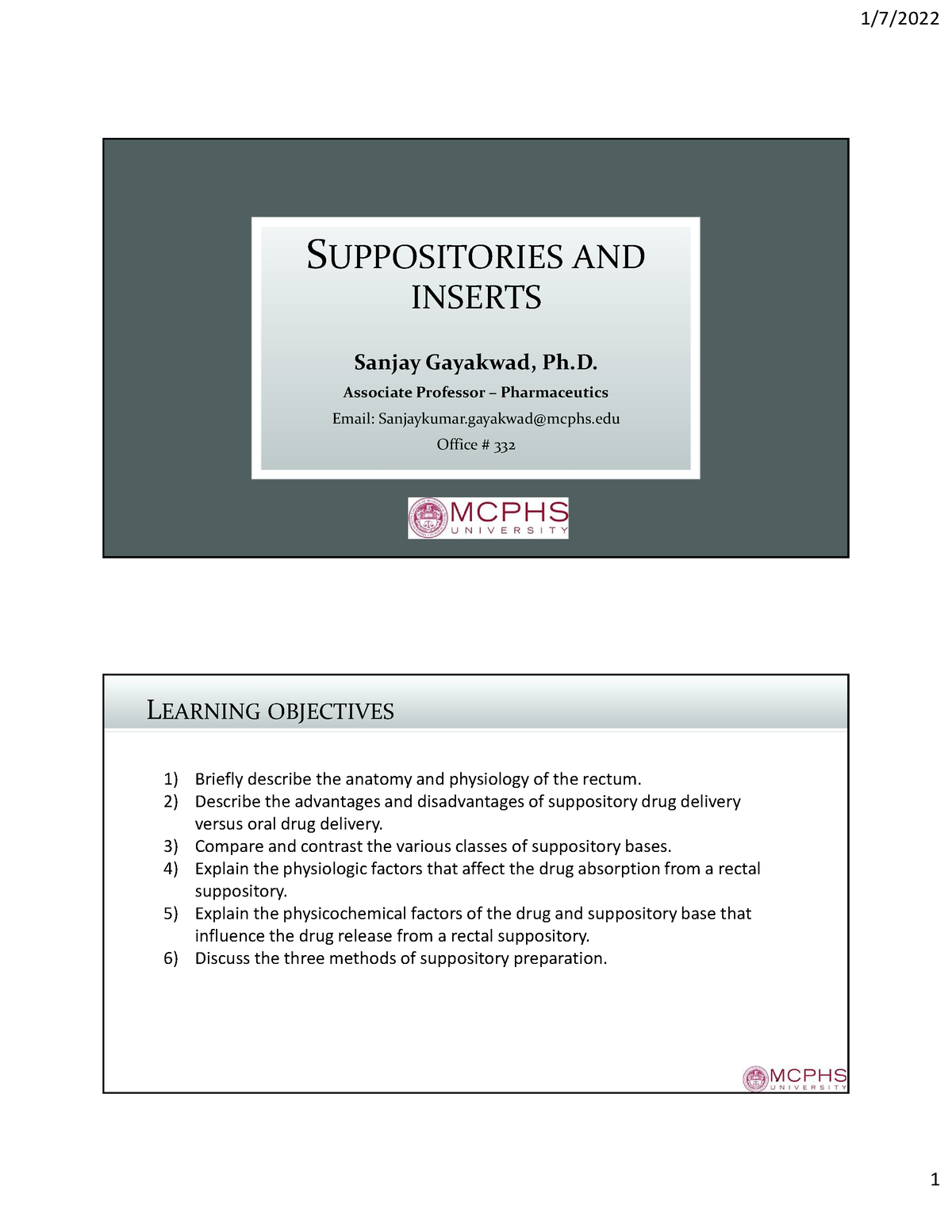 Suppositories SG (2 slides pp) - SUPPOSITORIES AND INSERTS Sanjay Gayakwad,  Ph. Associate Professor - Studocu