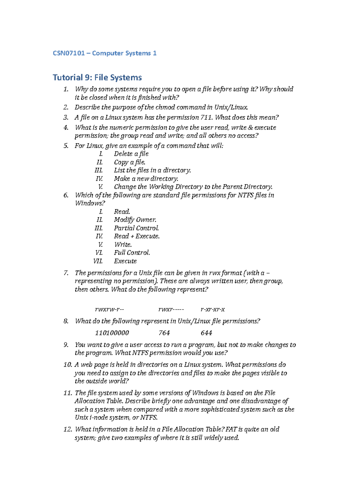 Tutorial 9 - File Systems - CSN07101 – Computer Systems 1 Tutorial 9 ...