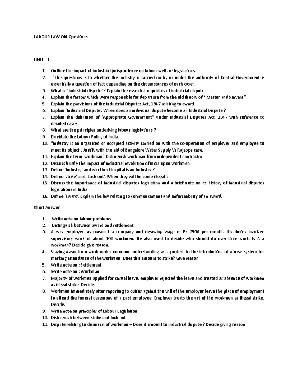 Exam 31 December 2012, questions - LABOUR LAW Old Questions UNIT I 1. 2 ...