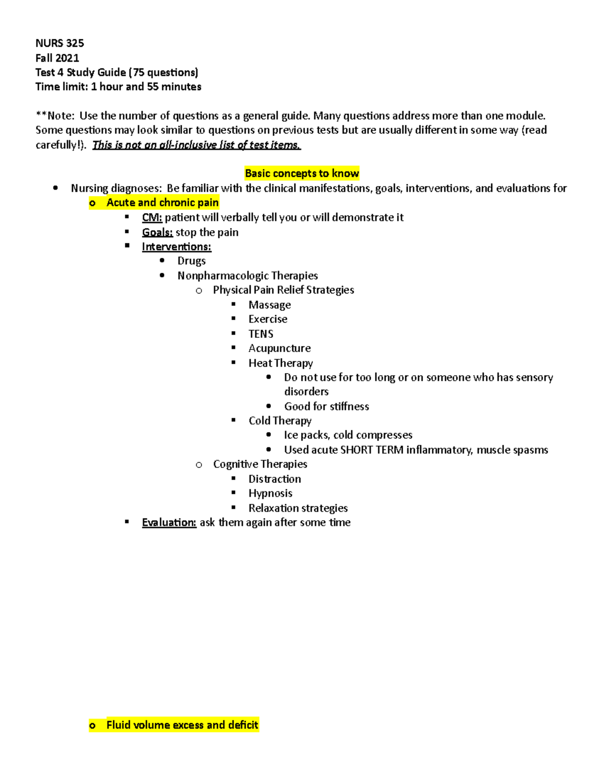 Adults I Exam 4 Study Guide B Spring 2022 VCU NURS 325 Fall 2021 Test