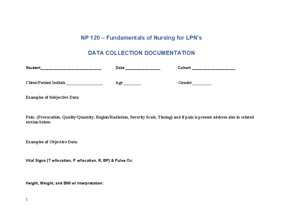 Unit 3 Data Collection Assignment - NP 120 – Fundamentals of Nursing ...