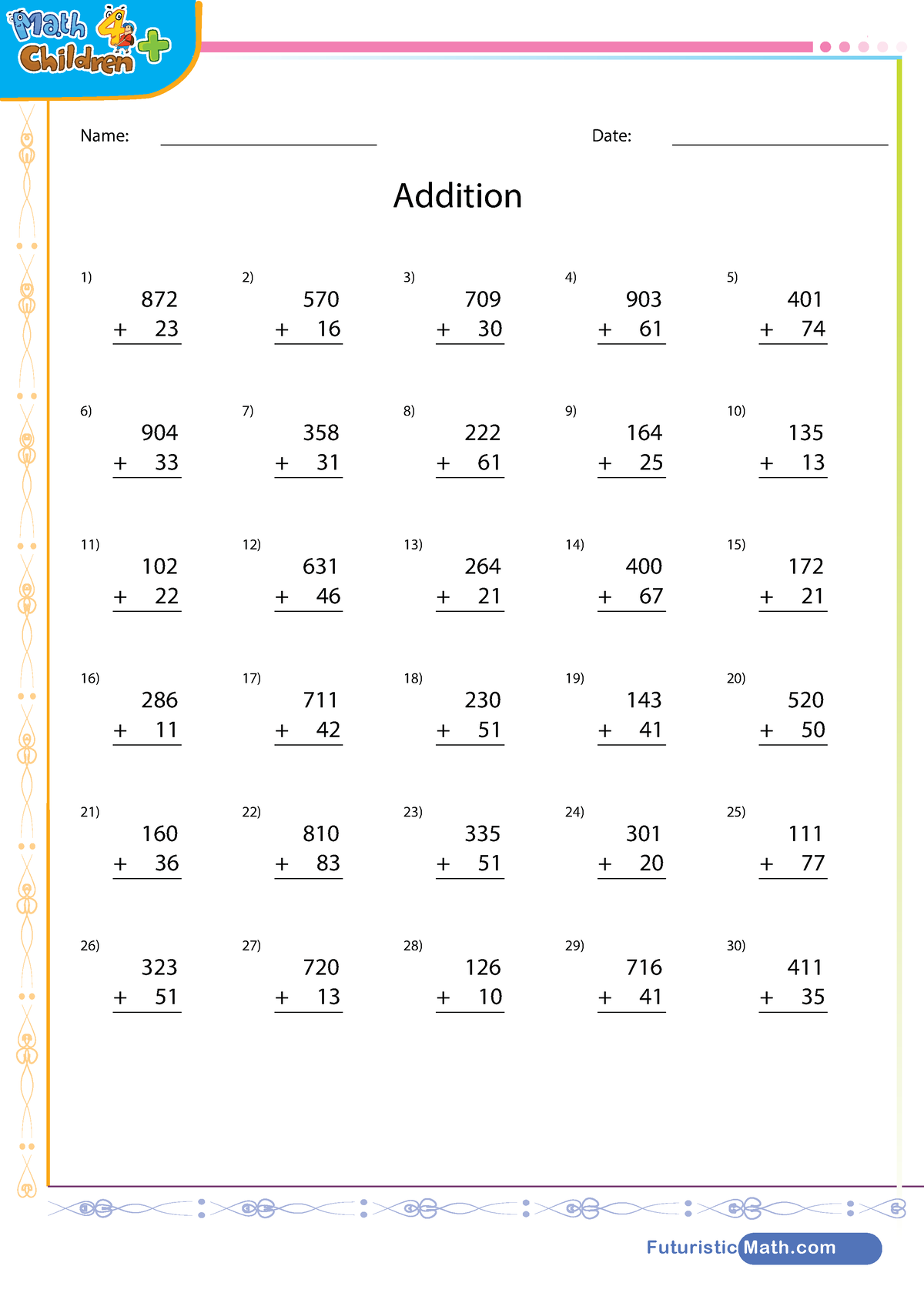 Addition 2 to 3 digit numbers worksheet - Futuristic Math Name: Date ...