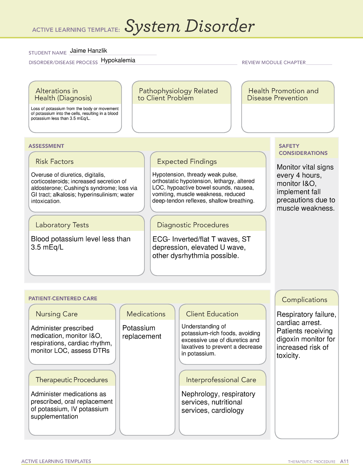 ATI System Disorder Hyperkalemia ACTIVE LEARNING TEMPLATES