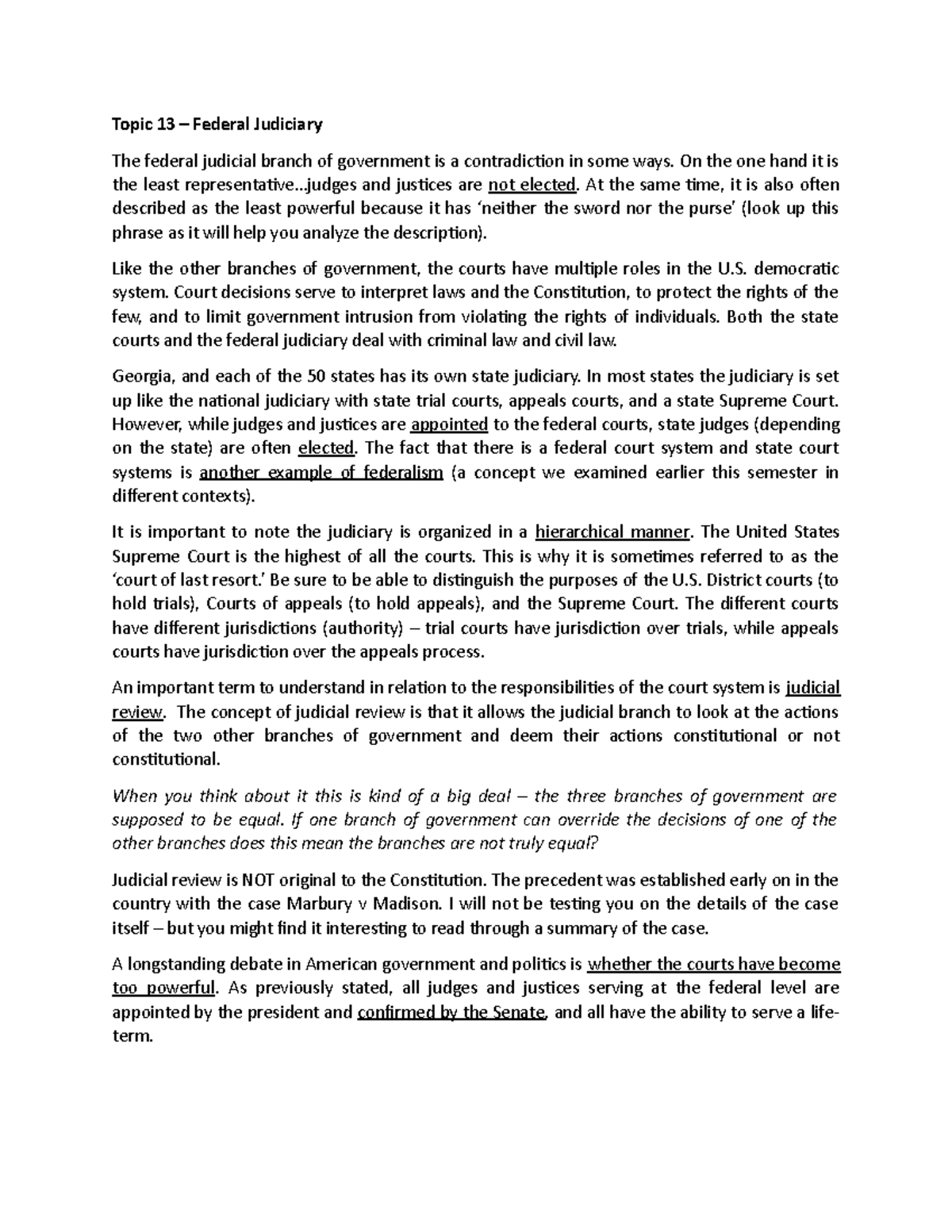 1101 Topic 13 Narrative Federal Courts Topic 13 Federal Judiciary