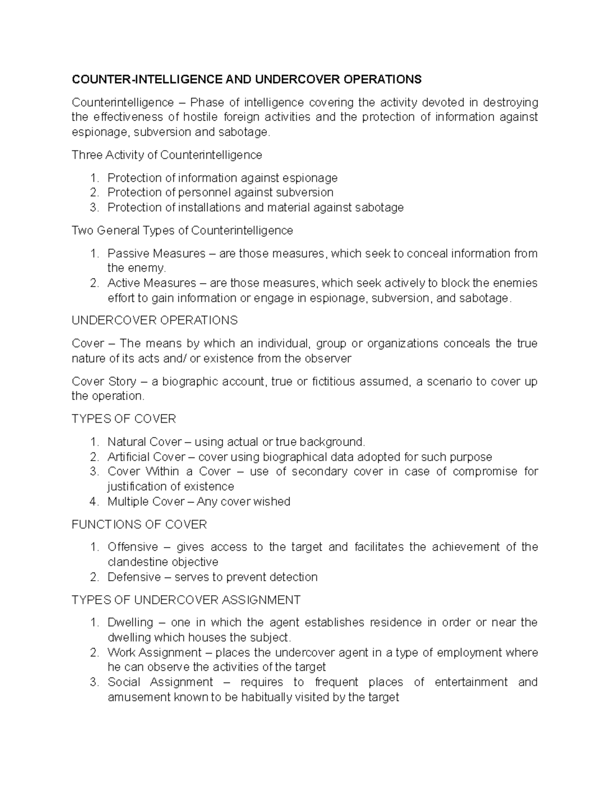 Lesson 7 Counter Intelligence AND Undercover Operations COUNTER
