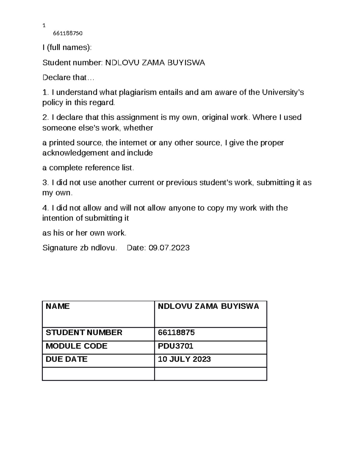 Marked assignment - 661188750 I (full names): Student number: NDLOVU ...