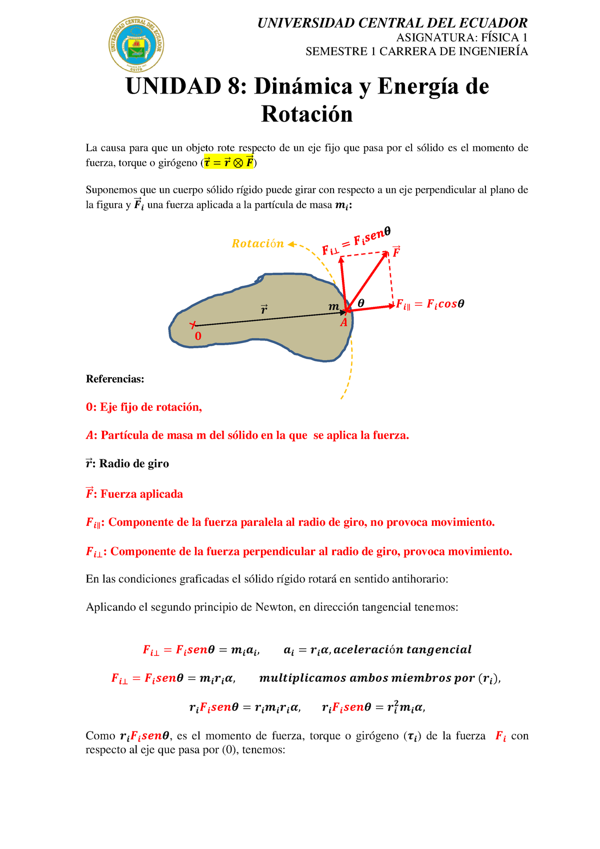 Capitulo Dinámica DE Rotación ASIGNATURA FÍSICA SEMESTRE CARRERA DE INGENIERÍA UNIDAD