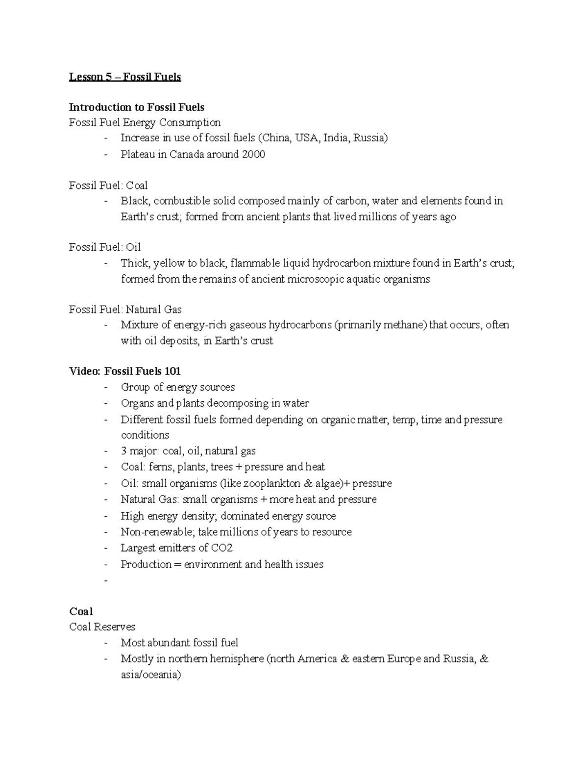 Lesson 5 – Fossil Fuels - Lesson 5 – Fossil Fuels Introduction to ...