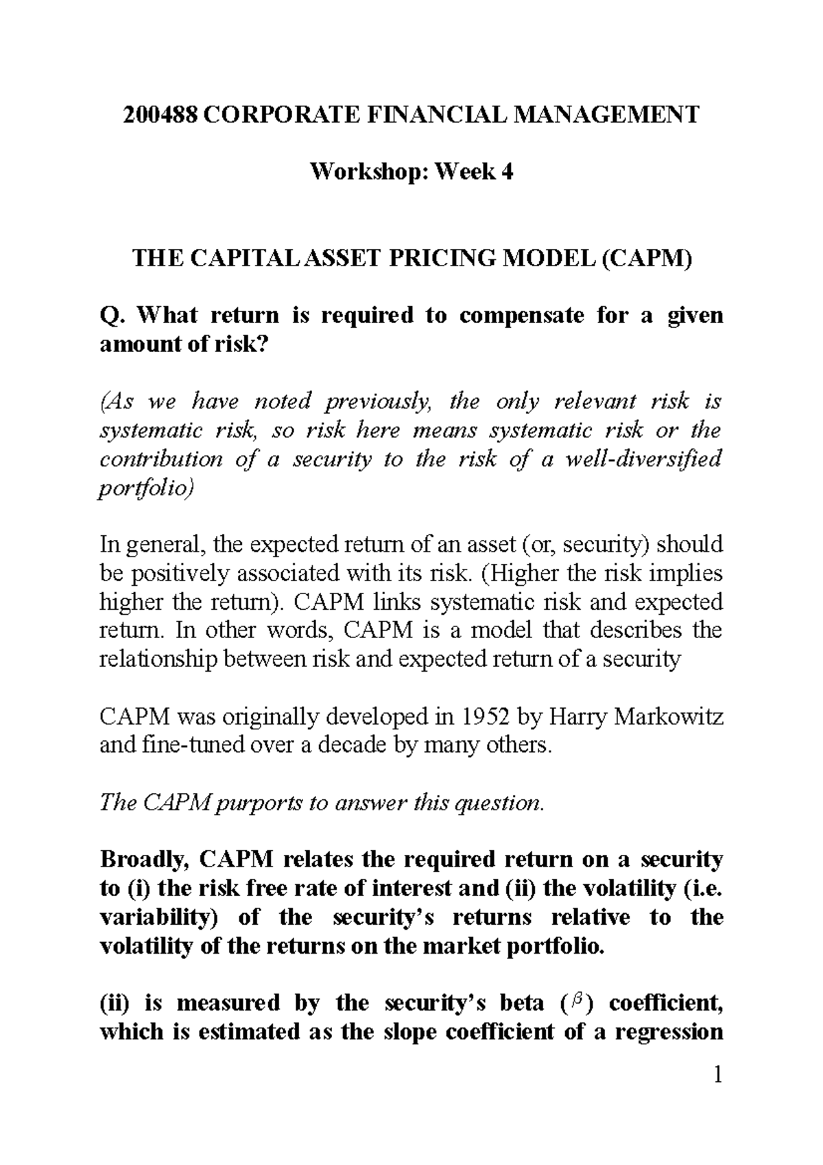 Workshop 4 eco questions - 200488 CORPORATE FINANCIAL MANAGEMENT ...