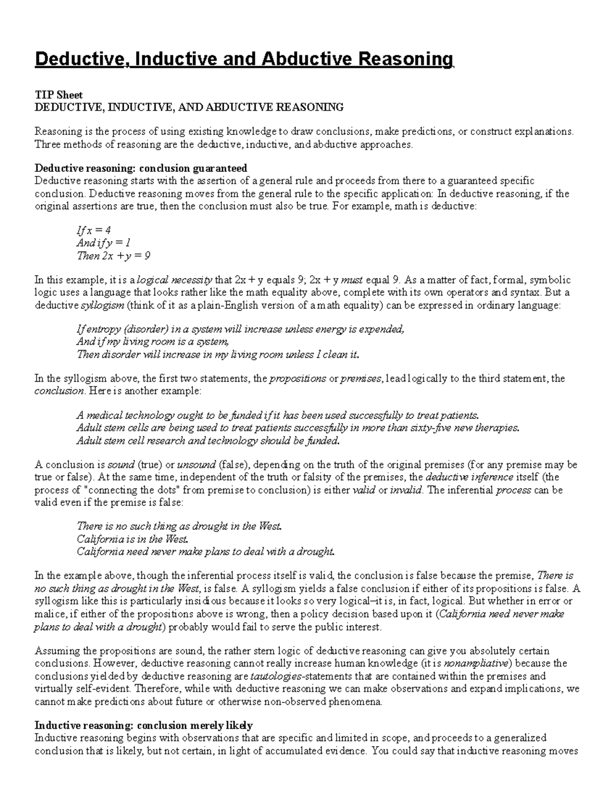 Deductive, Inductive and Abductive Reasoning TIP Sheet Butte College Deductive, Inductive