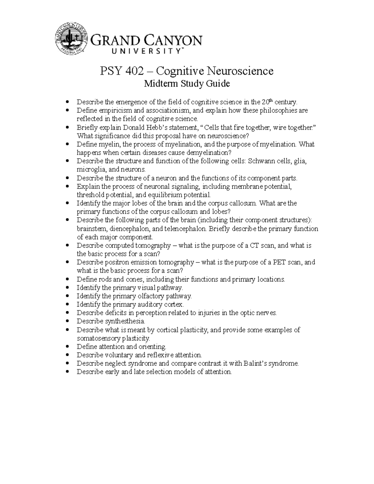 PSY402-SG-Mid Term Study Guide - PSY 402 – Cognitive Neuroscience ...