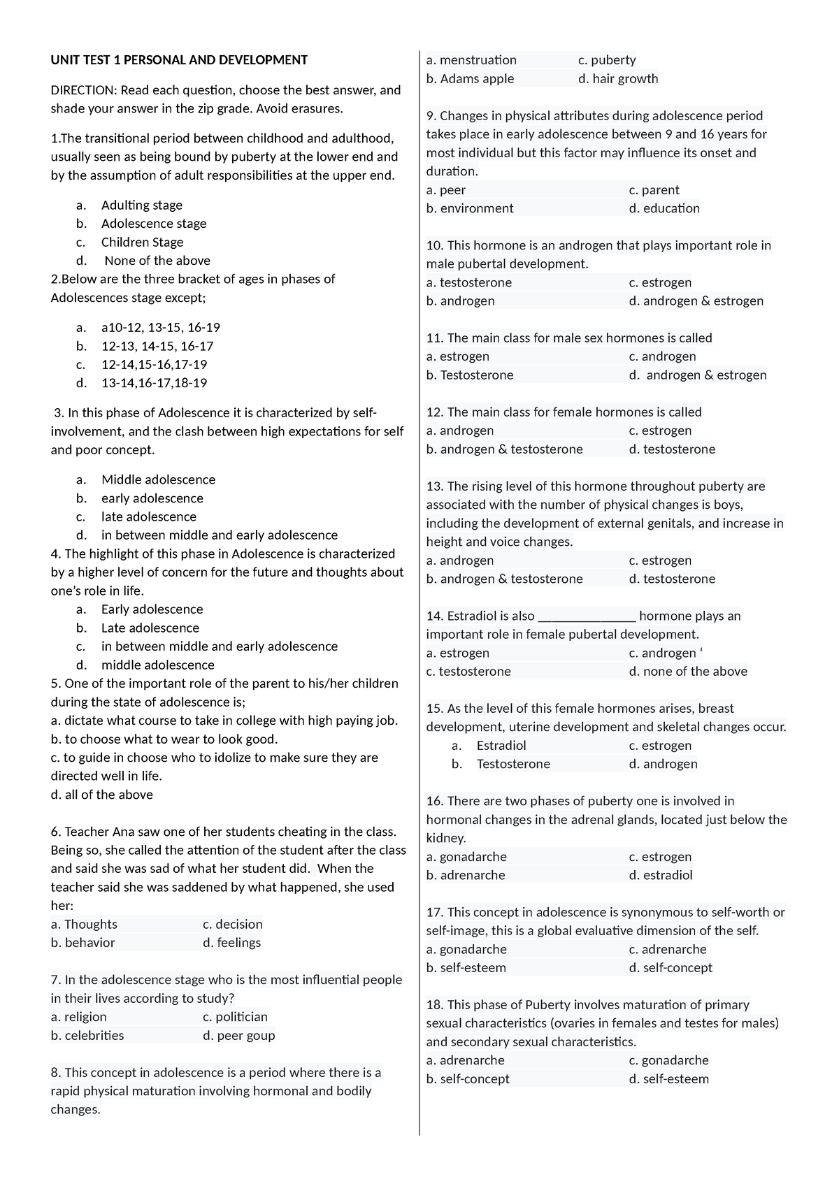 UNIT TEST 1 Personal AND Development - UNIT TEST 1 PERSONAL AND ...