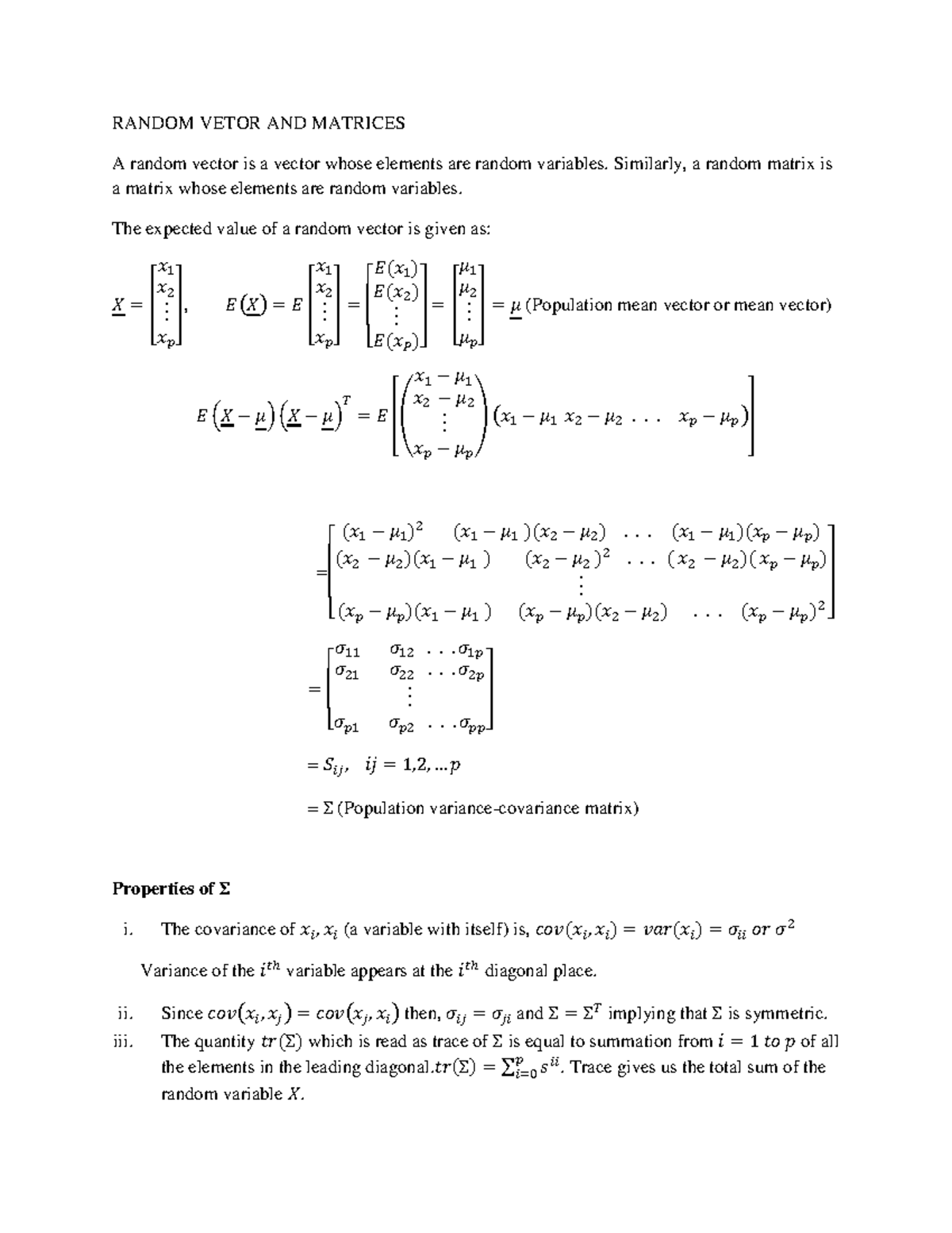 Random vector and matrices random vetor and matrices a random vector