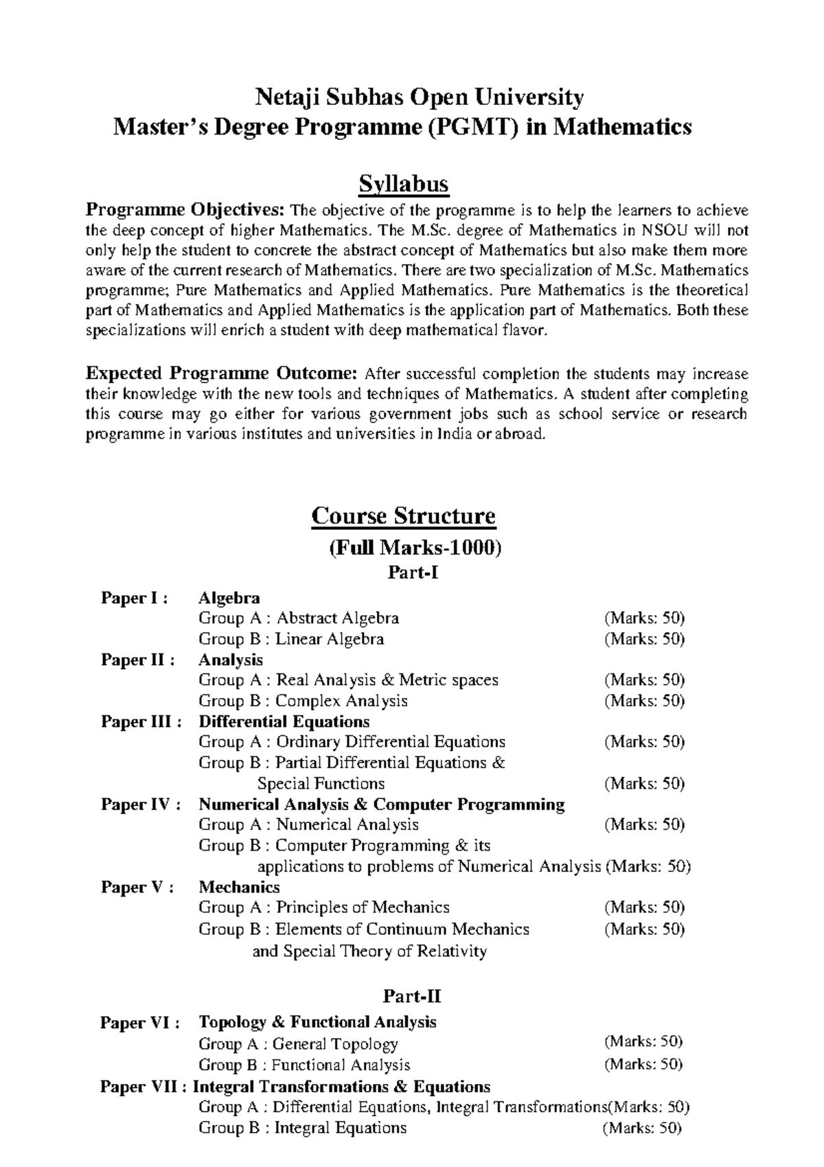 PGMT Syllabus - Netaji Subhas Open University Master’s Degree Programme ...