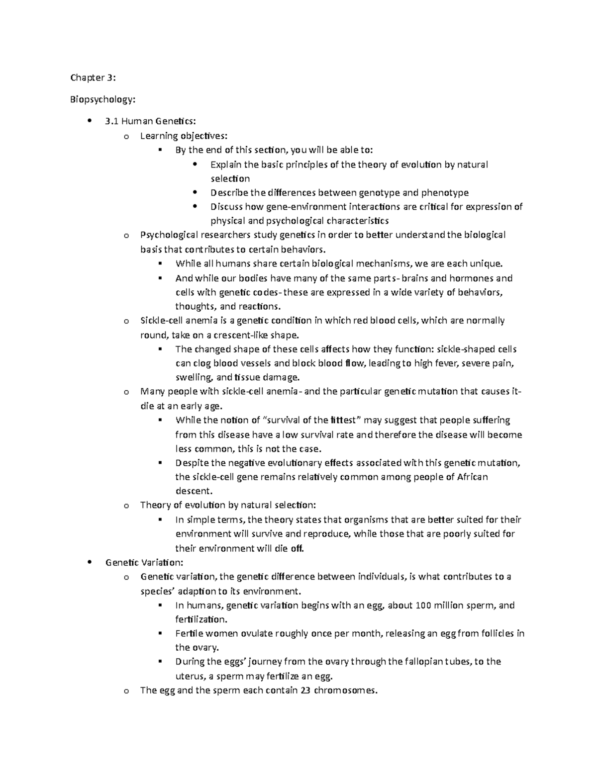 Chapter 3 - n/a - Chapter 3: Biopsychology: 3 Human Genetics: o ...