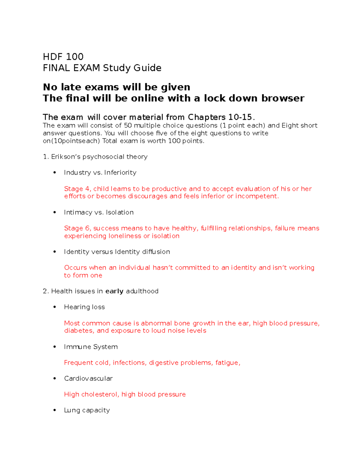Final Study guide - HDF 100 FINAL EXAM Study Guide No late exams will ...