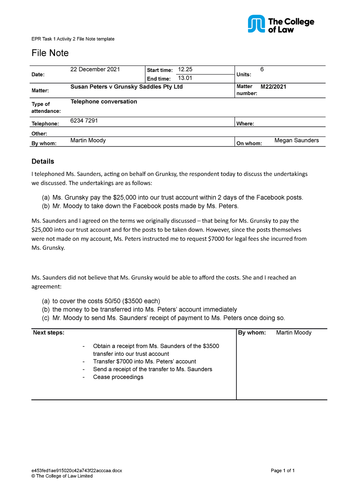 Activity 21 File Note How To Make File Note Based On Material Facts Epr Task 1 Activity 2 3359