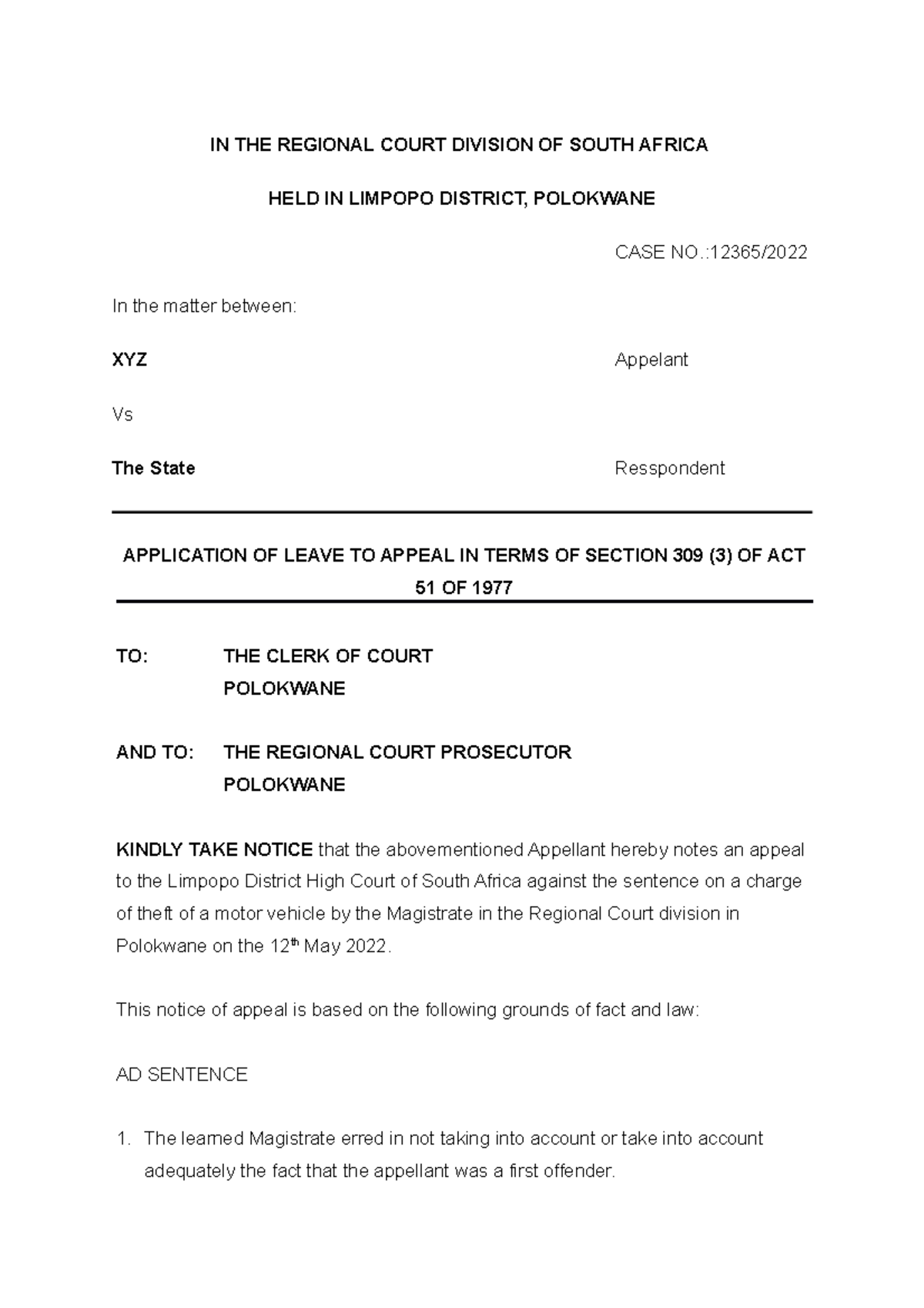 Application of appeal Mag Court Drafting IN THE REGIONAL COURT