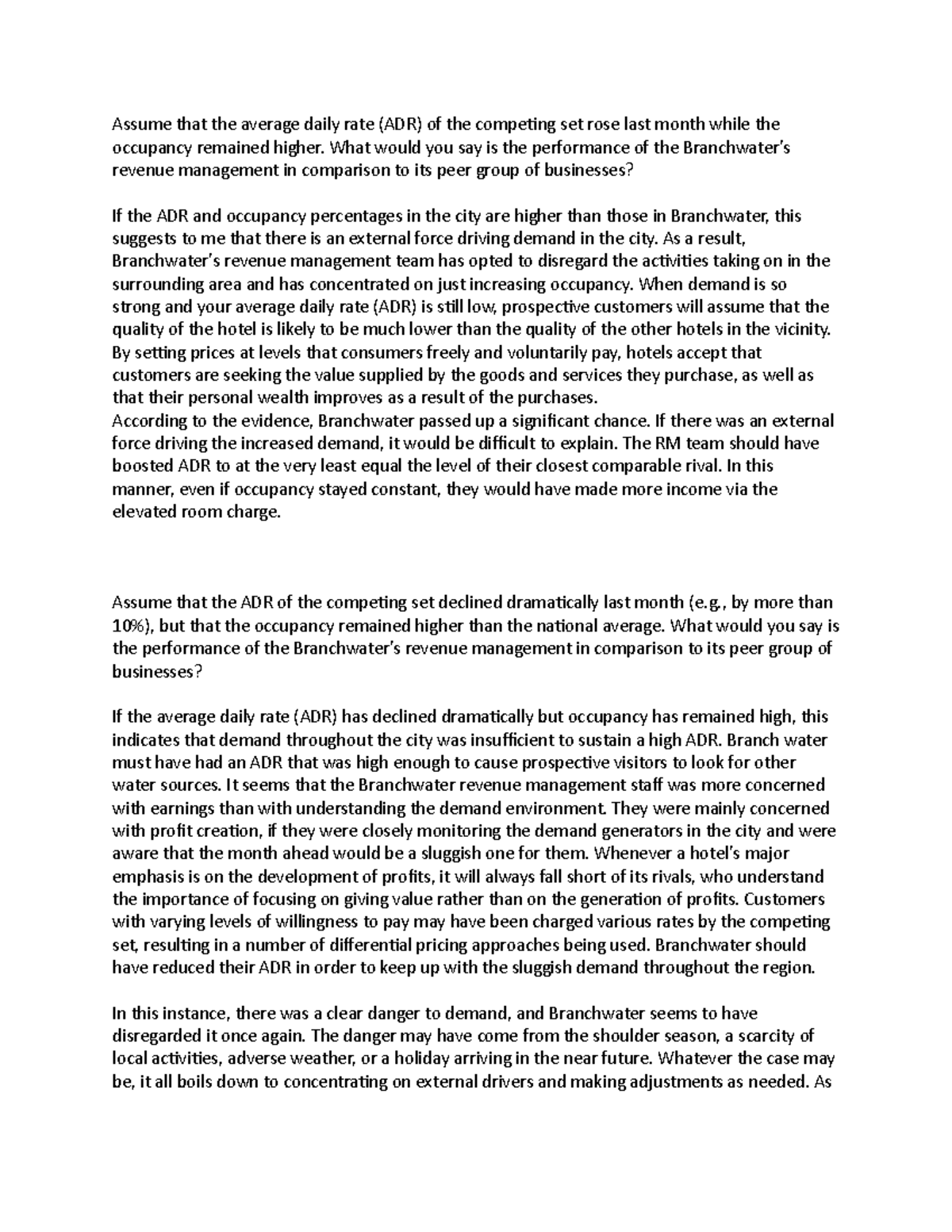 Chapter 3 case study article Assume that the average daily rate (ADR) of the competing set