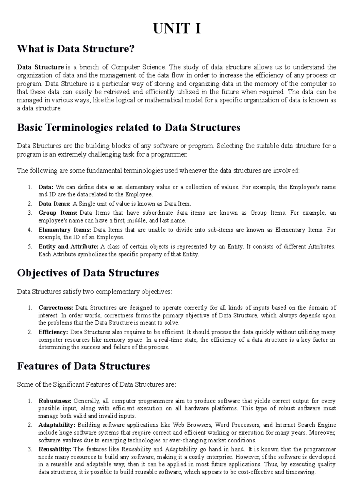 DSA UNIT-I - MCA - UNIT I What is Data Structure? Data Structure is a ...