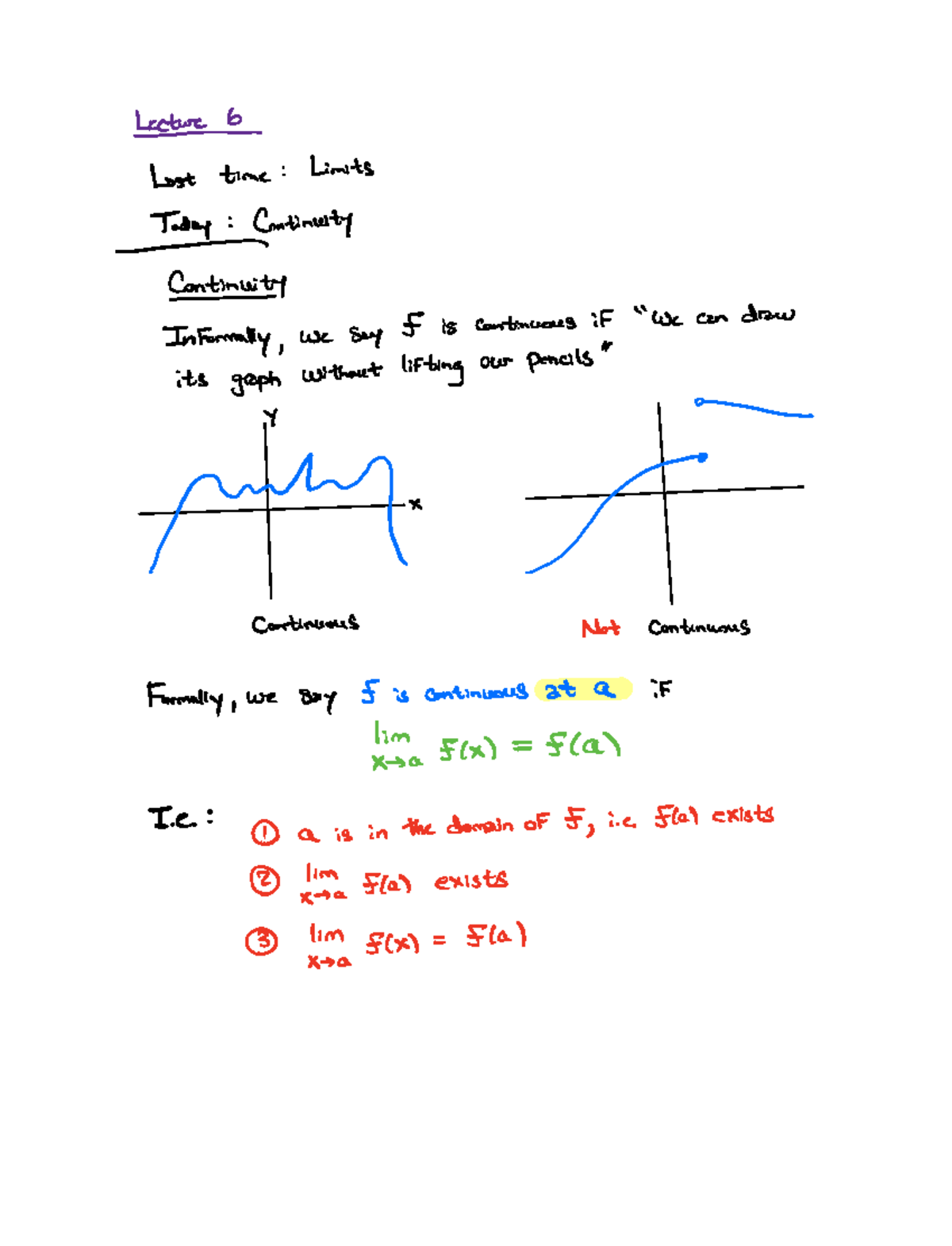 Calc1-lecture-6 - Lecture notes - Lectured Last time Limits Informally ...