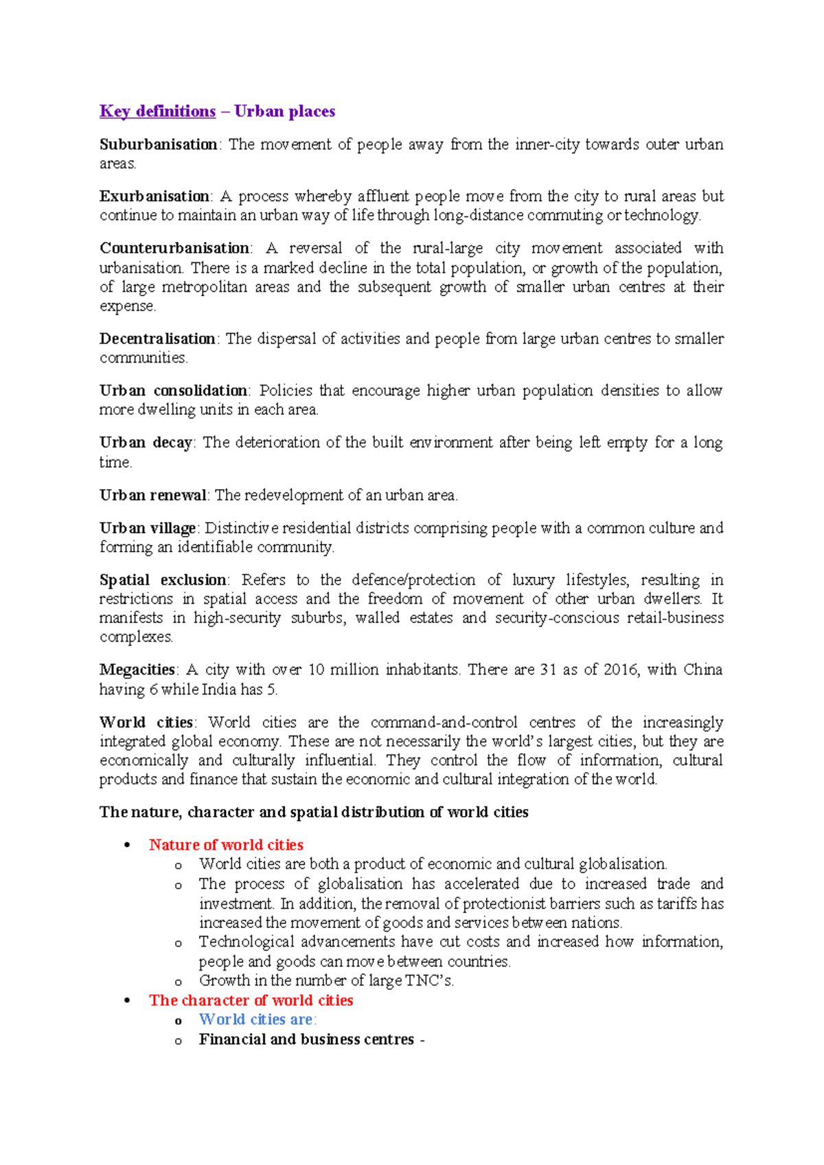 Geography Definitions - Key definitions – Urban places Suburbanisation ...