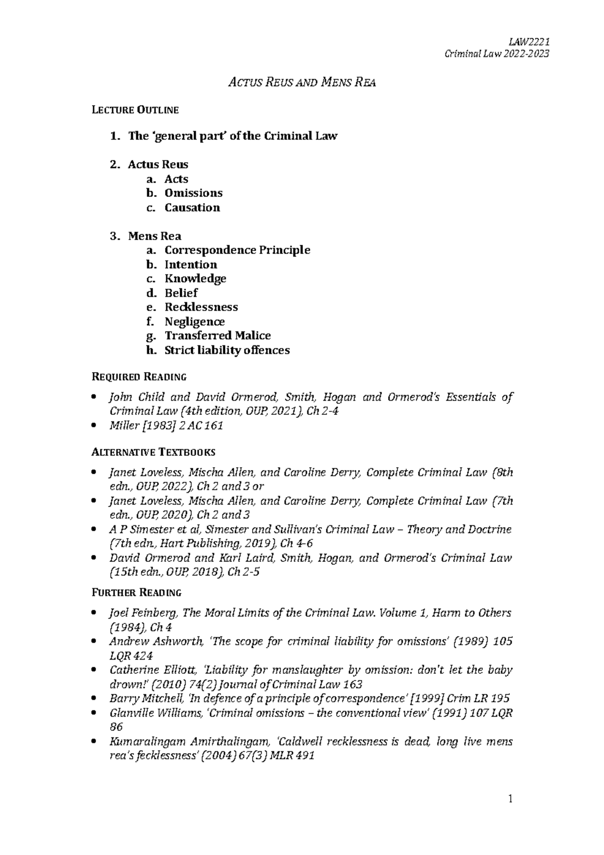 2.Lecture Notes Actus Reus and Mens Rea - Criminal Law 2022- ACTUS REUS ...
