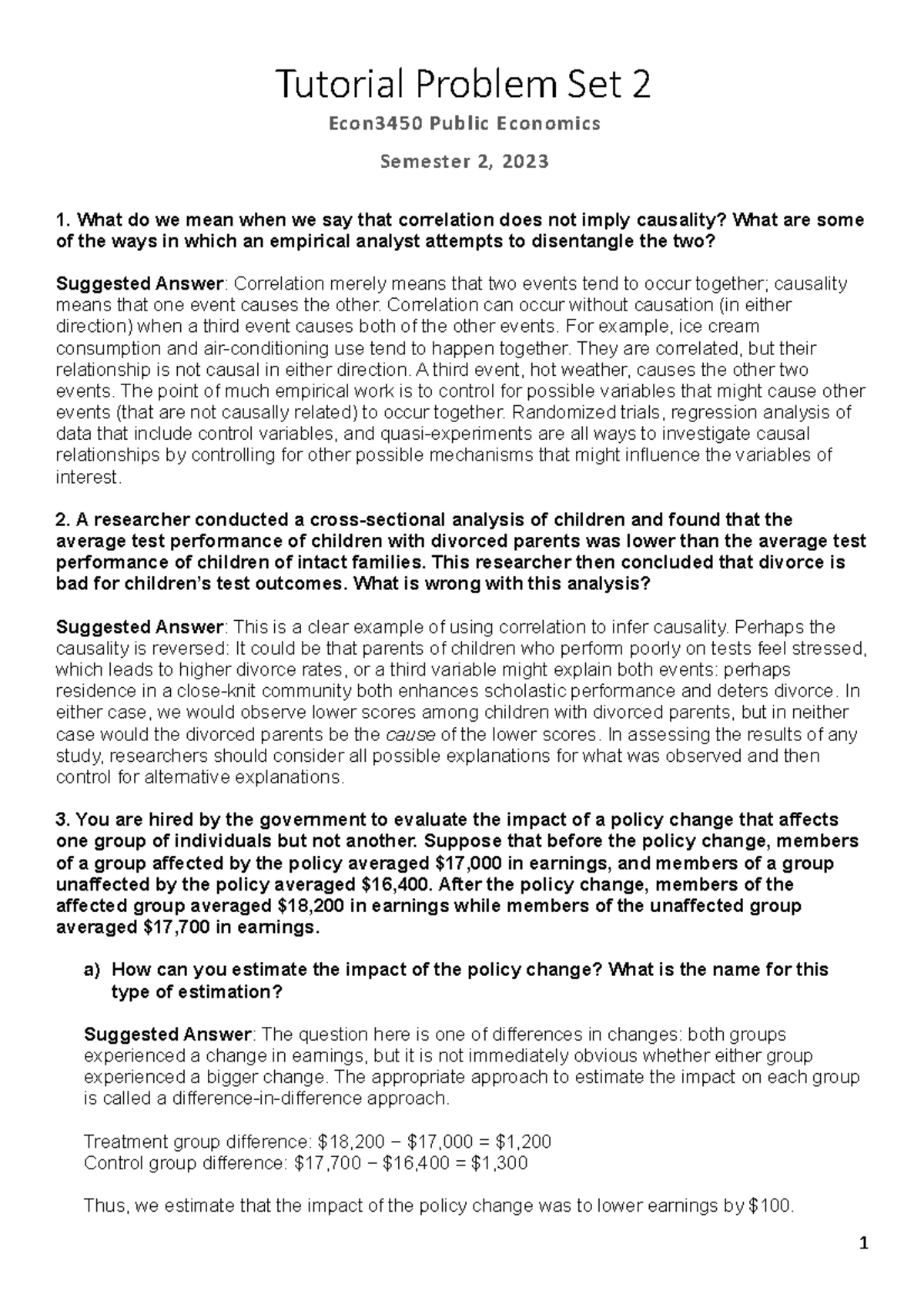 ECON3450 Tutorial Problem Set 2 Answers - Tutorial Problem Set 2 Econ ...