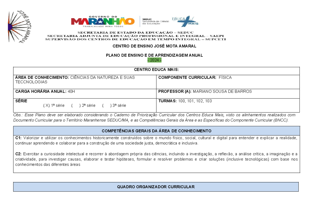 1 ANO Física - Plano Anual DE Ensino E DE Aprendizagem Anual DA FGB ...