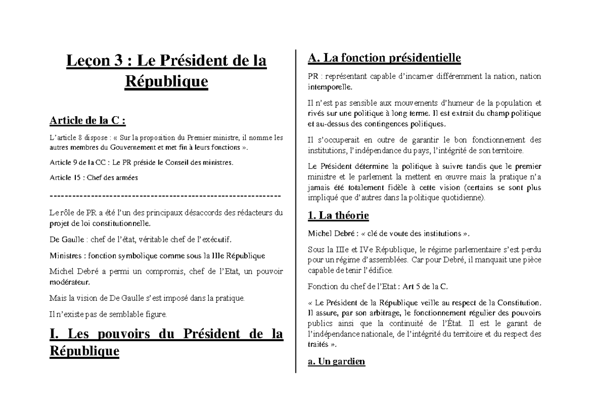Le President de la Republique - Leçon 3 : Le Président de la République