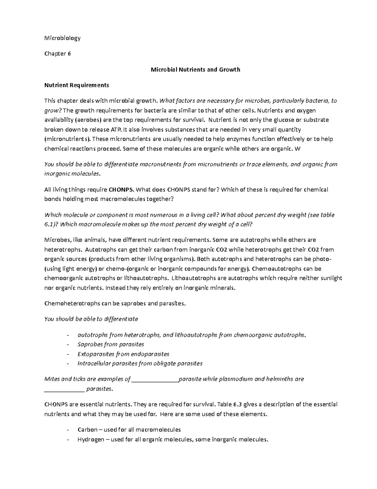 Micro lecture notes Chapter 6 growth and nutrients Microbiology