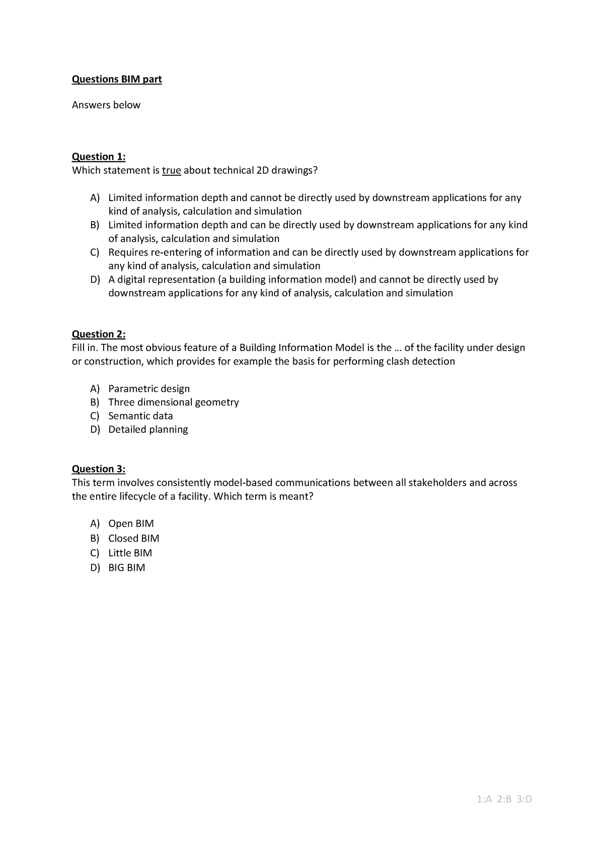 Example Questions - BIM - 1:A 2:B 3:D Questions BIM Part Answers Below ...