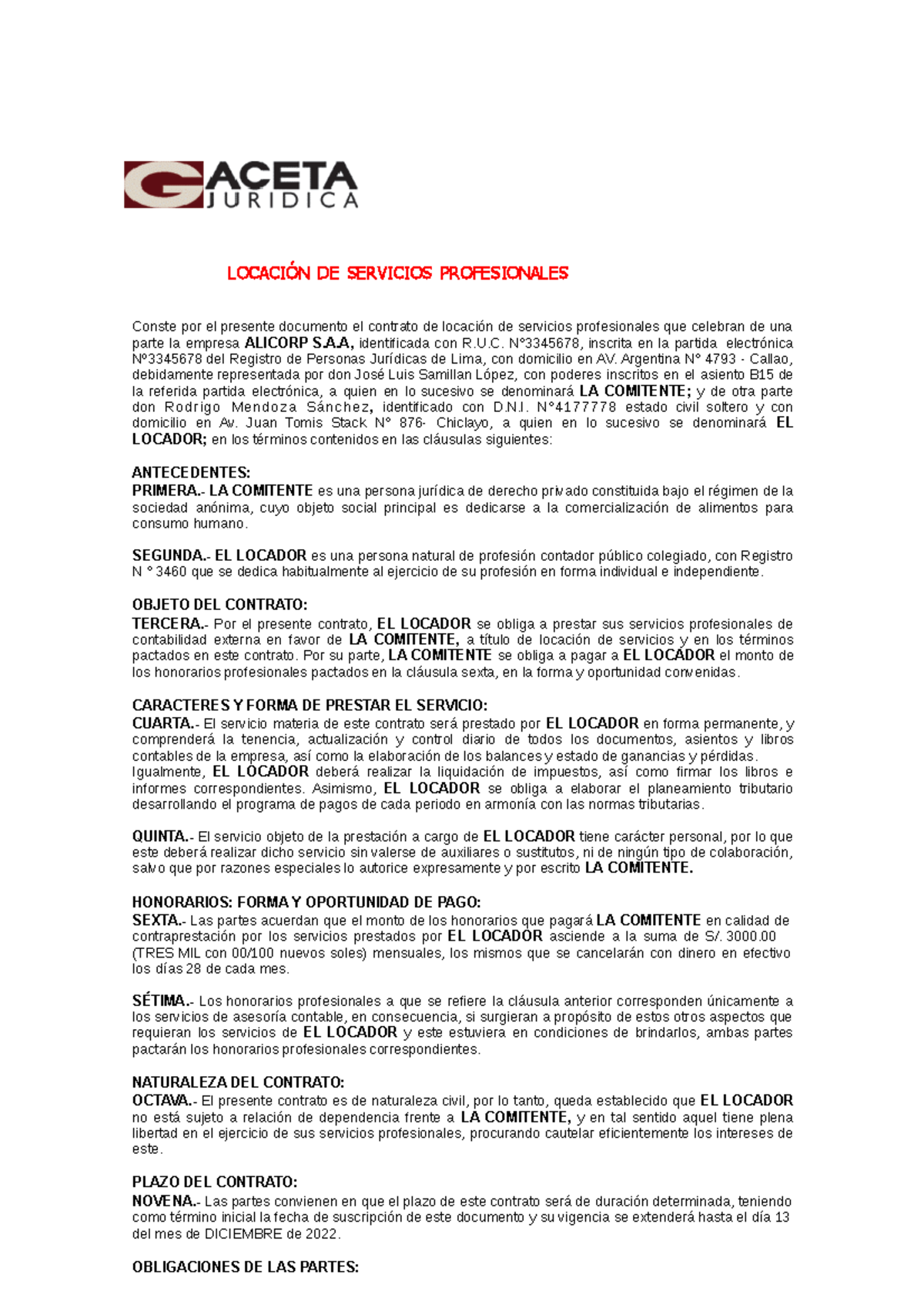 Modelo De Contrato De Locación LocaciÓn De Servicios Profesionales Conste Por El Presente 7825