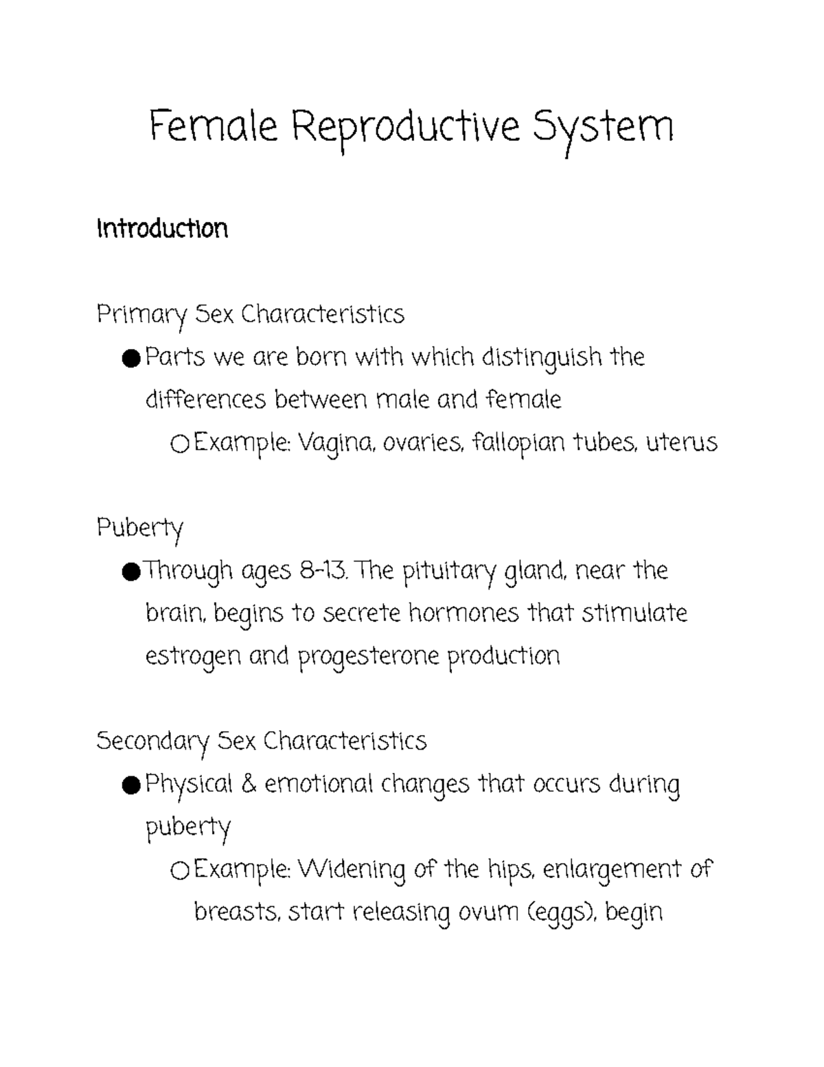 Female Reproductive System - Female Reproductive System Introduction  Primary Sex Characteristics - Studocu