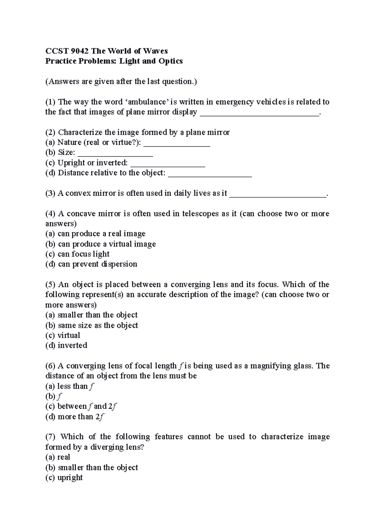 Practice Problems Light - CCST 9042 The World of Waves Practice ...