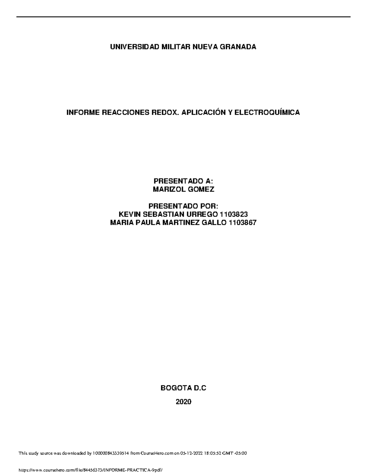 Informe Practica 9 Laboratorio De Quimica Umng Reacciones Redox ...