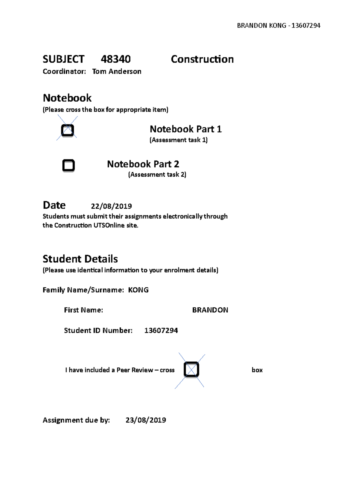 Notebook 1 - 8/10 - SUBJECT 48340 Construction Coordinator: Tom ...