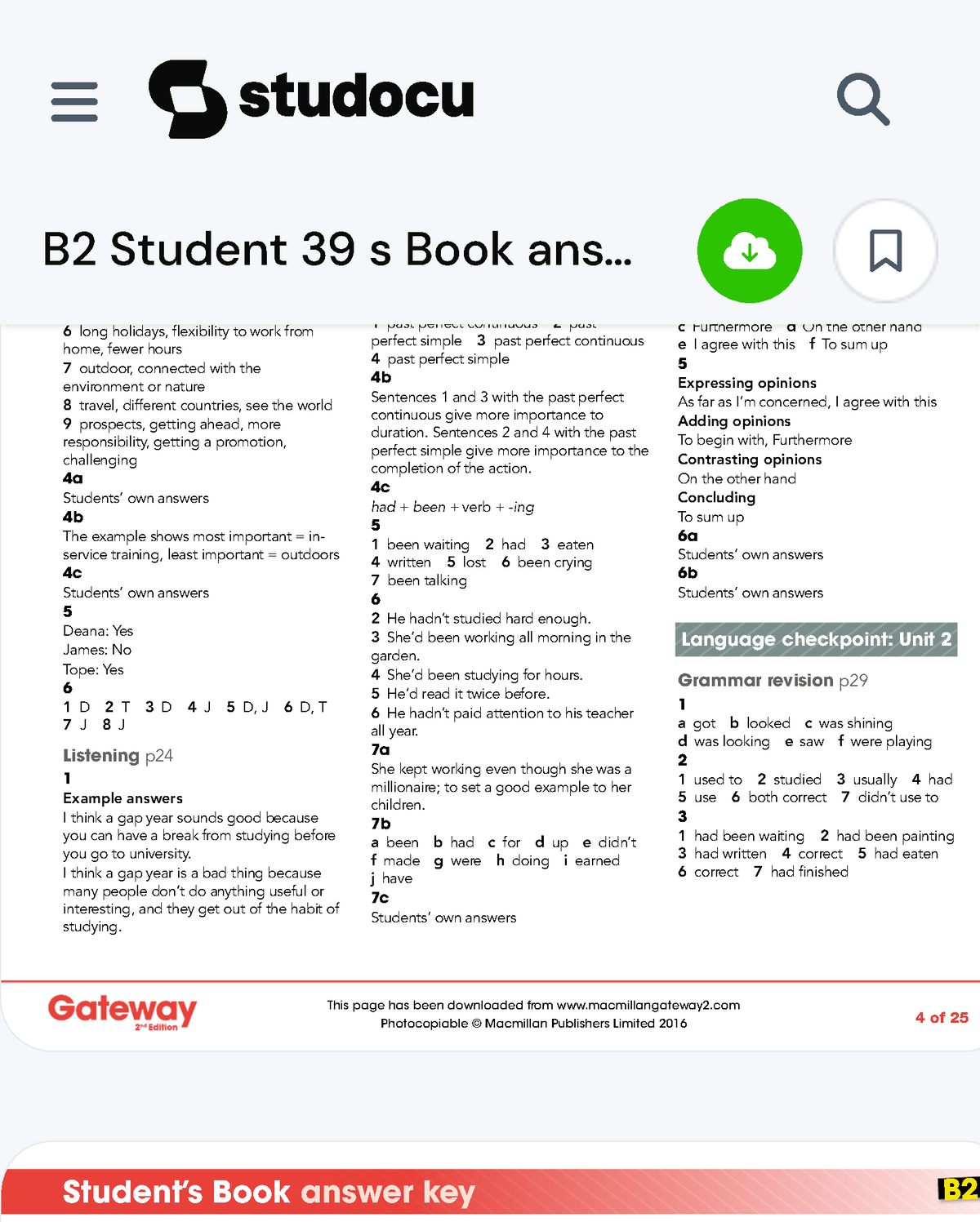 B2 Student 39 S Book Answer Key - 1 Of 25 5 1 A 2 F 3 E 4 C 5 D 6 B 7 G ...