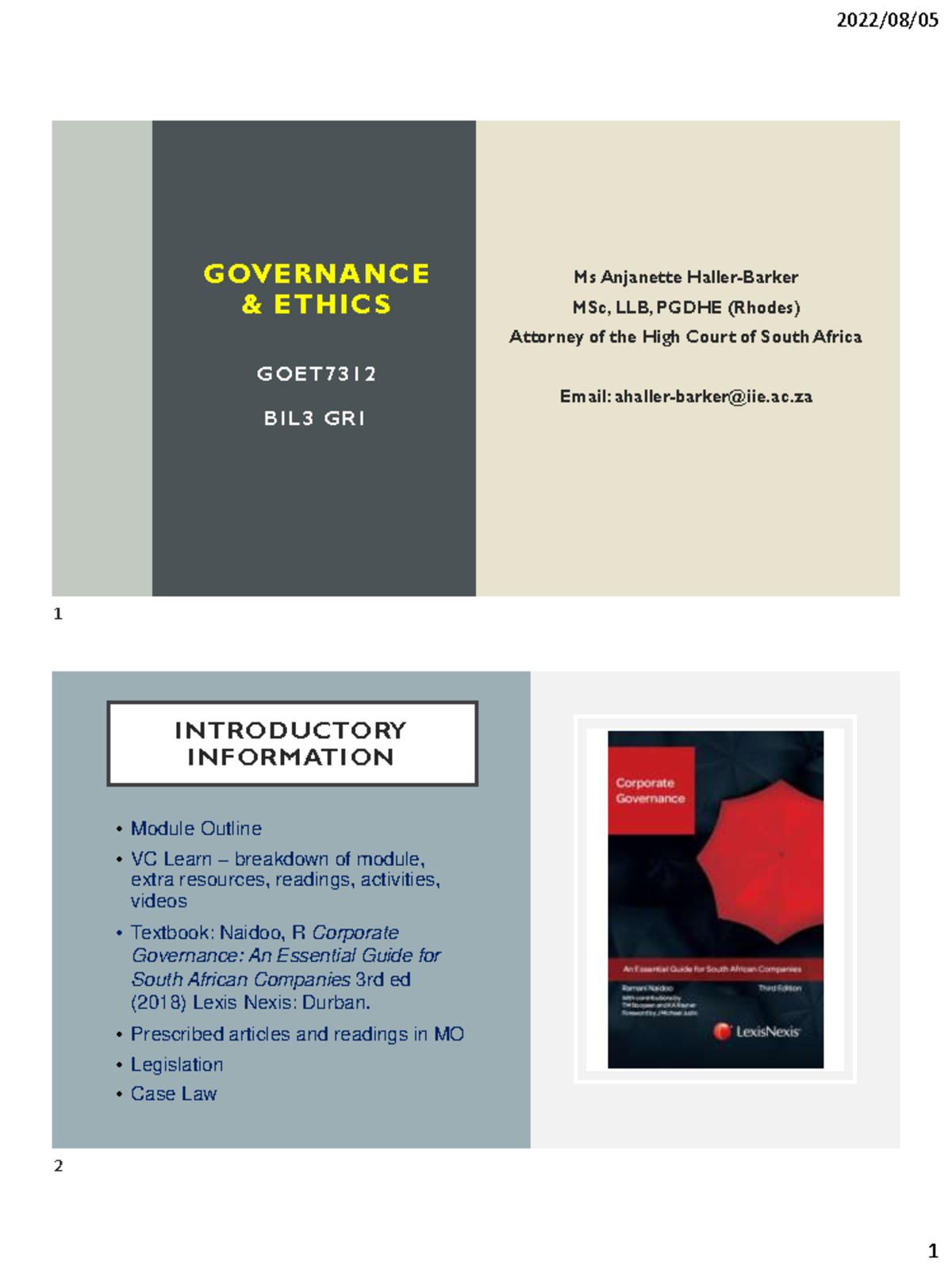 Intro To GOET7312 - F2F Session 25.07.22 - GOVERNANCE & ETHICS GOET ...