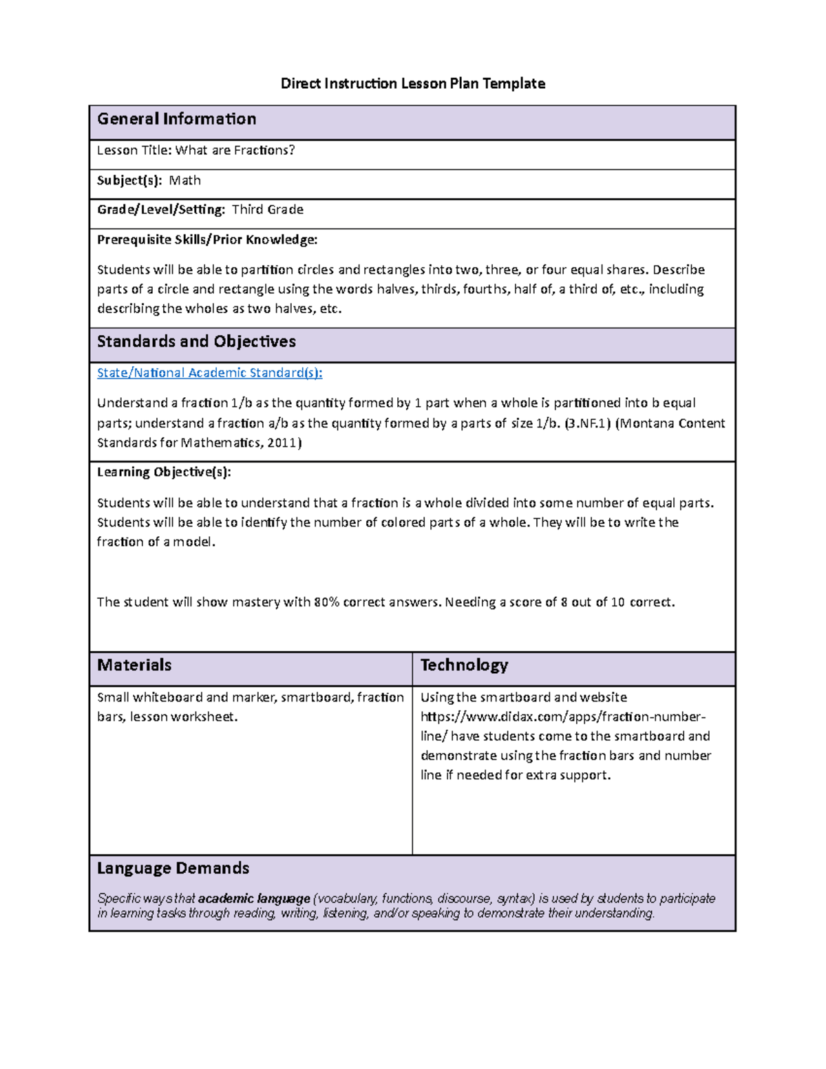 AOA2 Task 4 Fractions Lesson Plan - Direct Instruction Lesson Plan ...