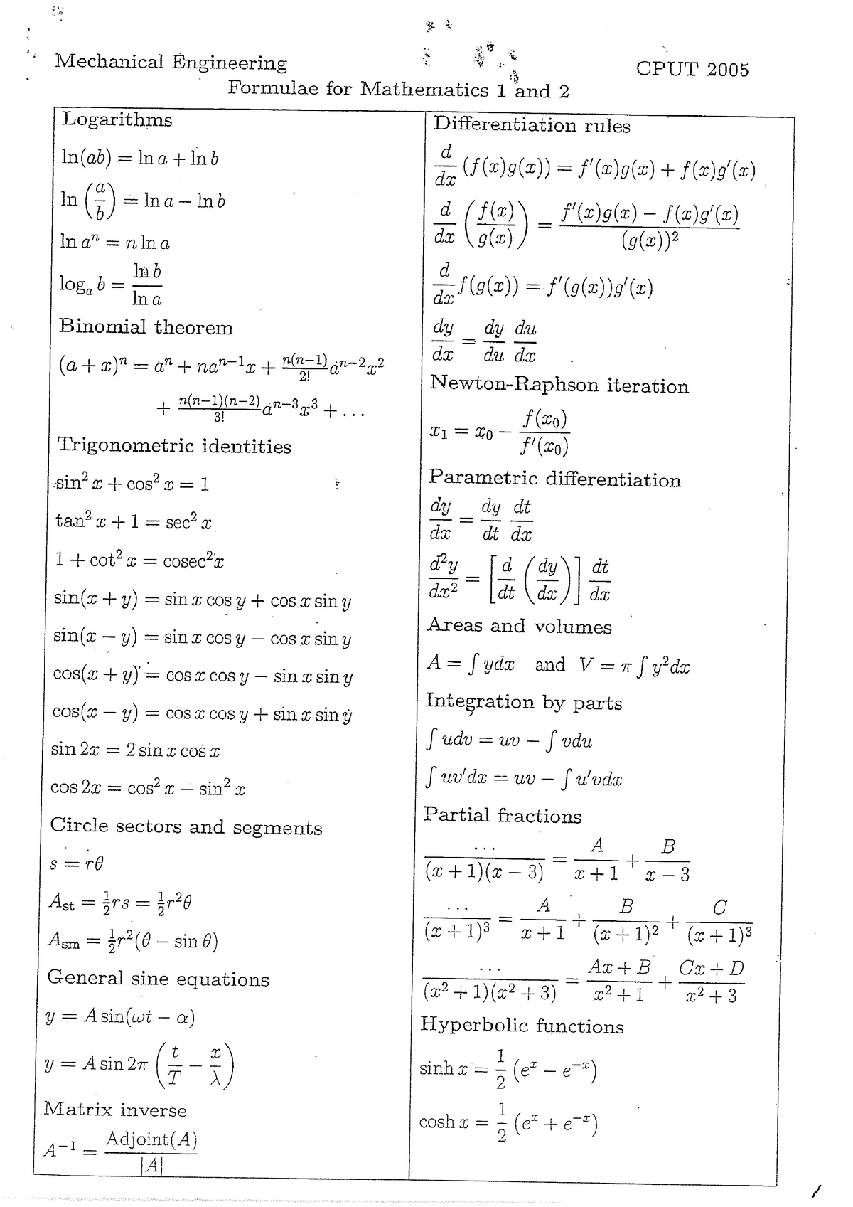 Formula Sheet for maths 1 - DMCHE3 - Studocu